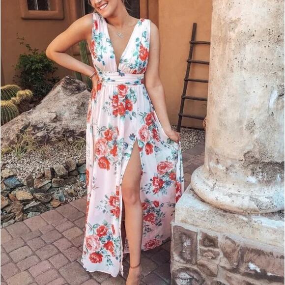 LULUS Garden Meandering Blush Floral Print Maxi Dress Sz Large {Z8} - Picture 1 of 3
